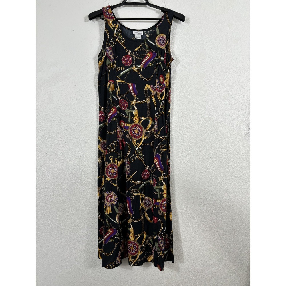 Vintage Debra Martin Dress Womens 10 Black Equestrian Chain Print Maxi Y2K 90s